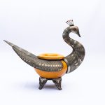 Feathers & Filigree: Engraved Metal and Ceramic Bird Ashtray from Morocco