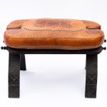 Moroccan Artisanal Wooden Stool with Genuine Leather