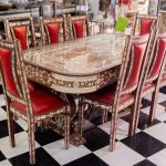 Luxurious Moroccan Wooden Dining Table Set with Leather Chairs
