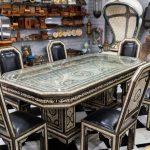 Moroccan Artisanal Wooden Dining Table Set with Engravings and Glass Top